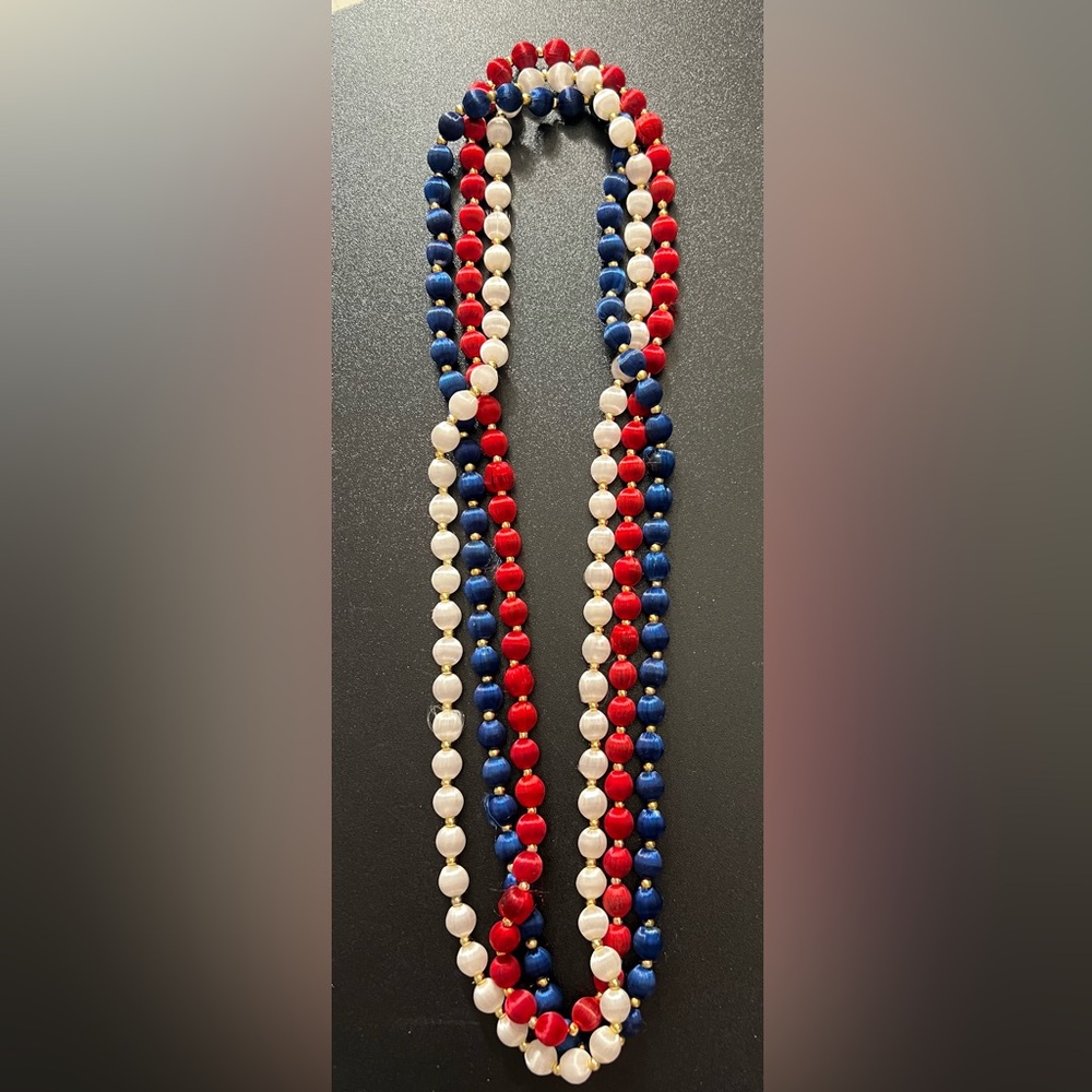 Trio of 28" Red White Blue Silk Satin Thread Covered Bead & Gold Tone Necklace